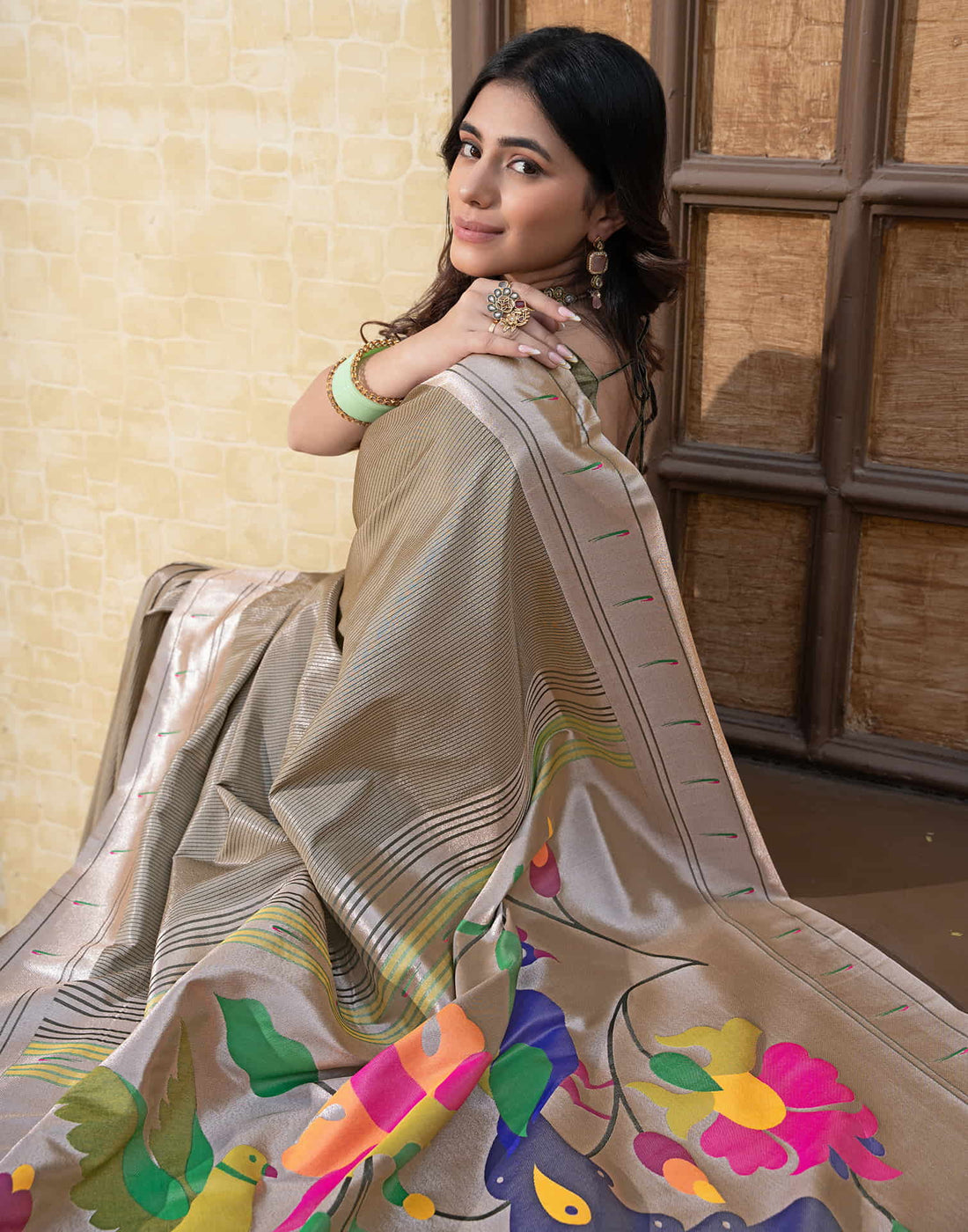 Stone Grey Silk Weaving Paithani Saree