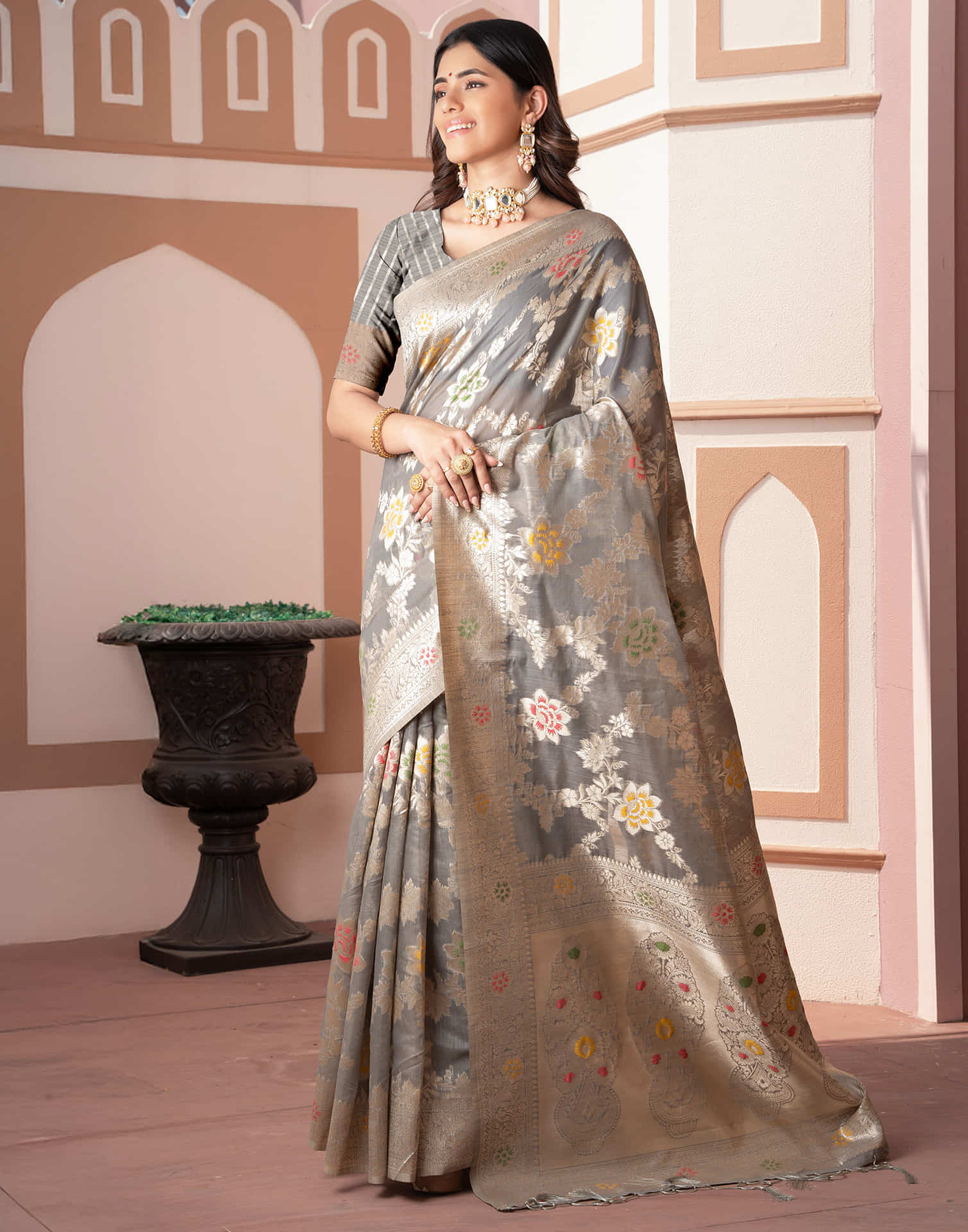 Grey Silk Weaving Banarasi Saree