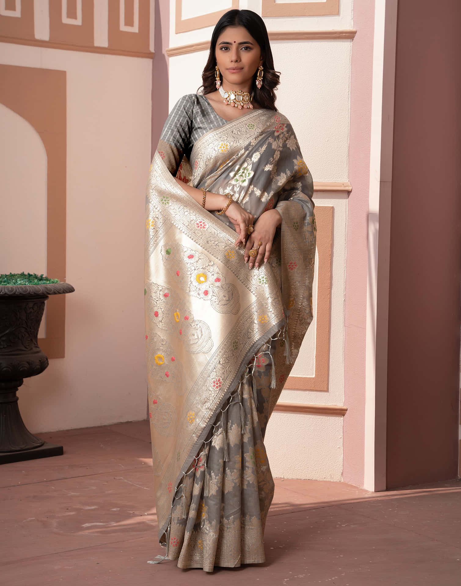 Grey Silk Weaving Banarasi Saree