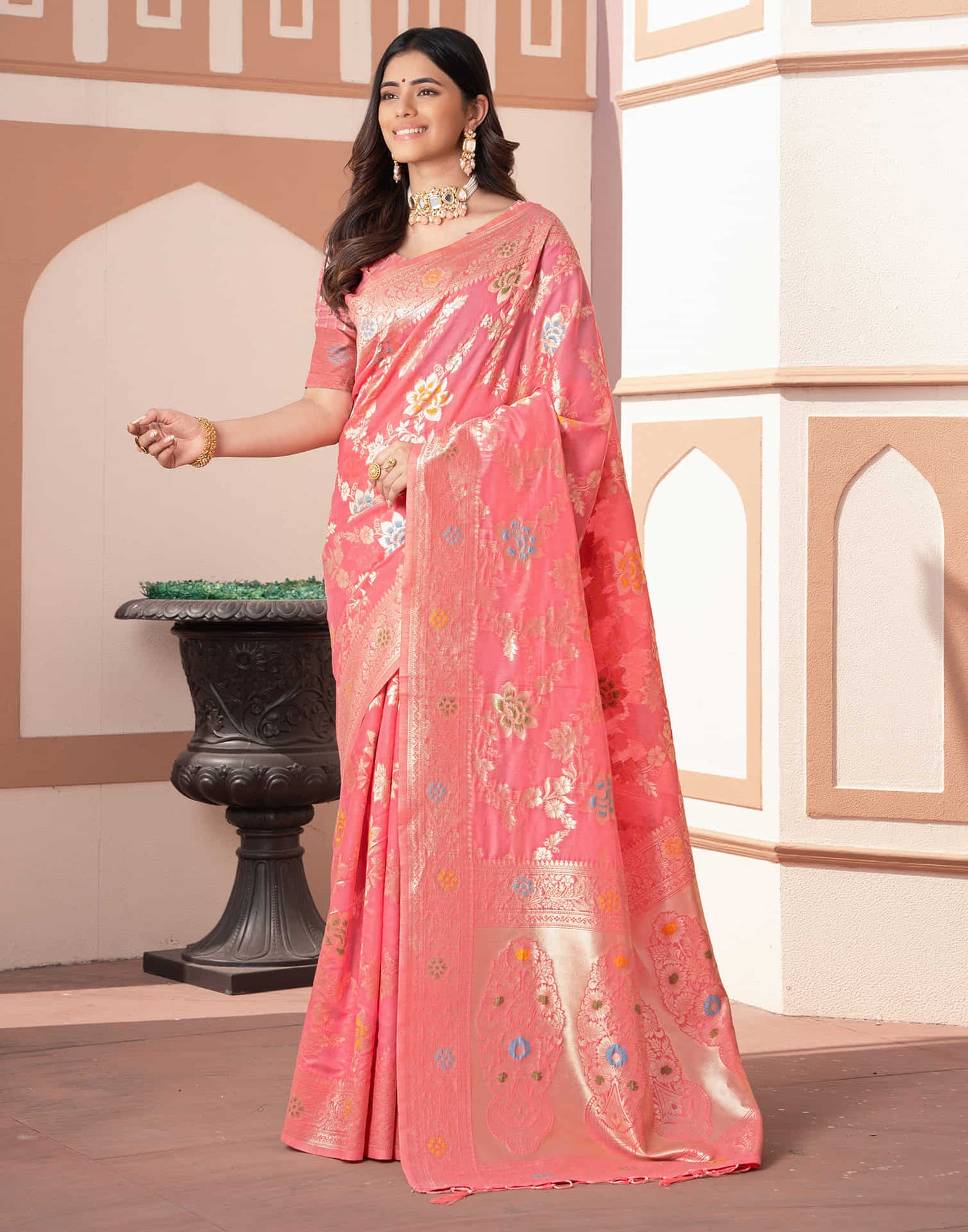 Rose Pink Silk Weaving Banarasi Saree