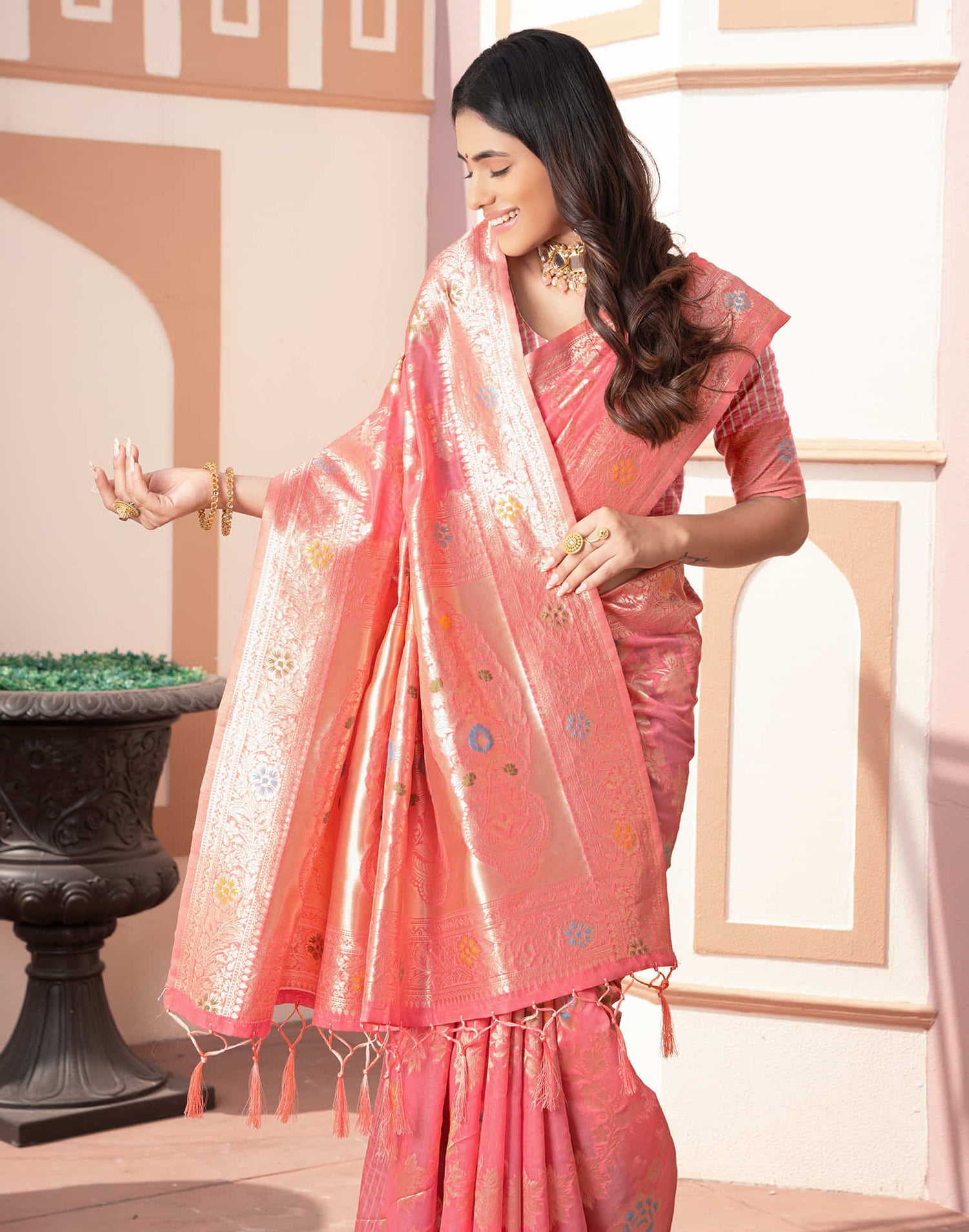 Rose Pink Silk Weaving Banarasi Saree