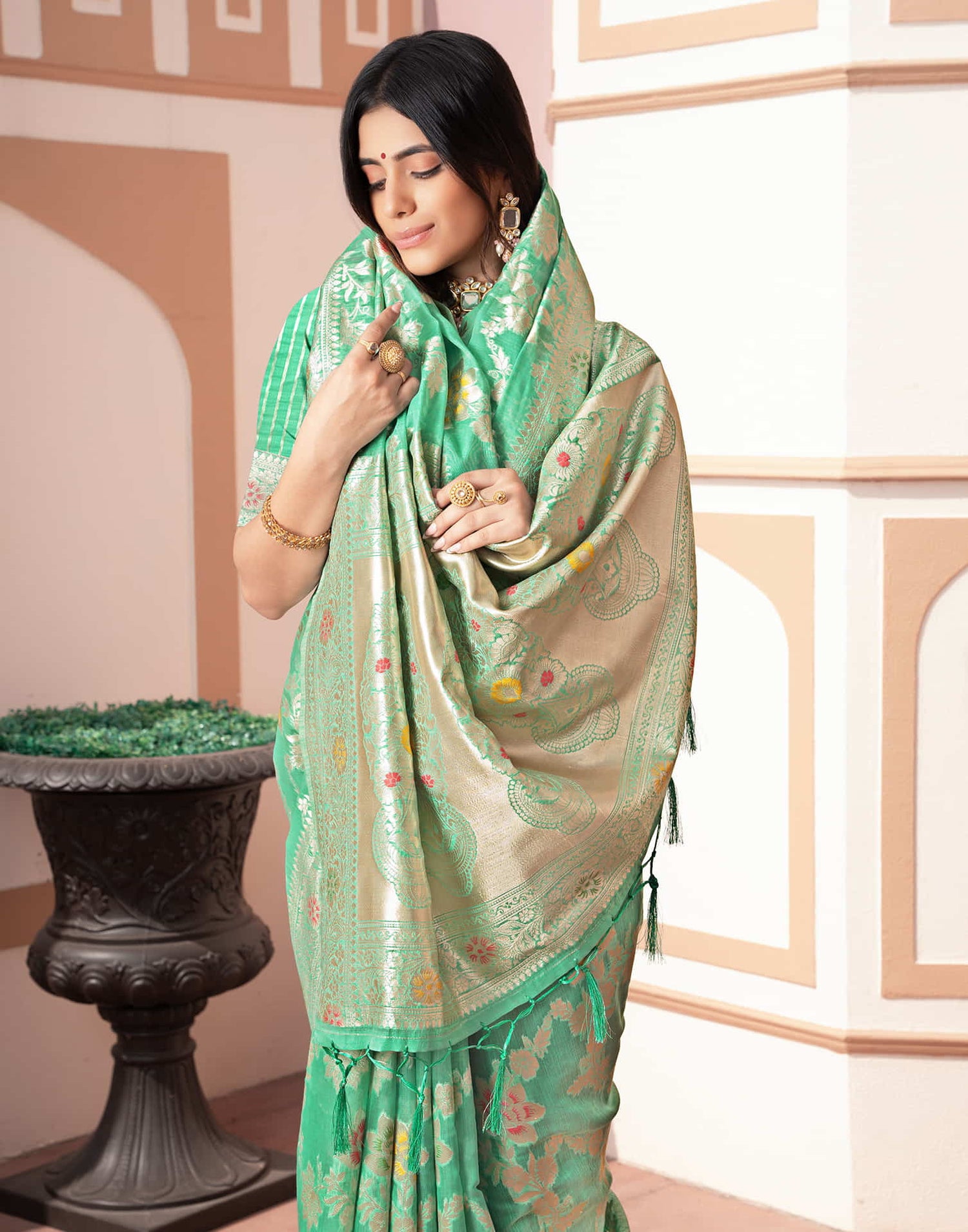 Teal Green Silk Weaving Banarasi Saree