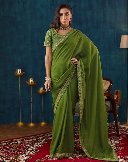 Green Vichitra Silk Embroidery Saree