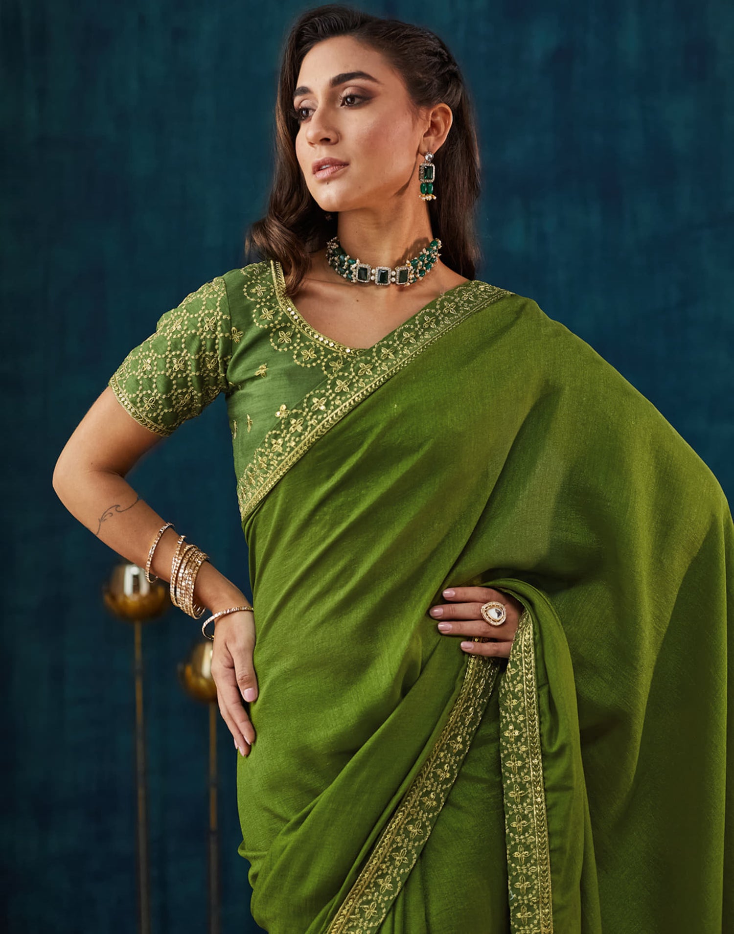 Green Vichitra Silk Embroidery Saree