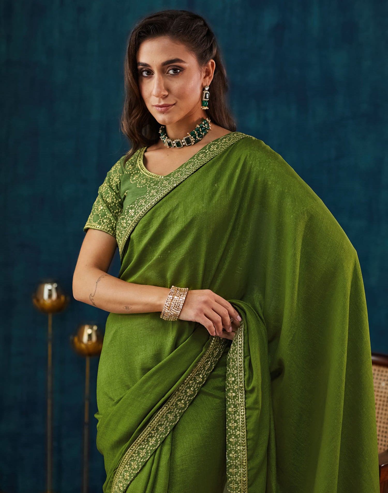 Green Vichitra Silk Embroidery Saree