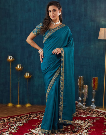 Rama Blue Vichitra Silk Embroidery Saree