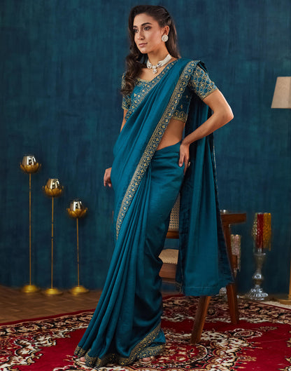 Rama Blue Vichitra Silk Embroidery Saree