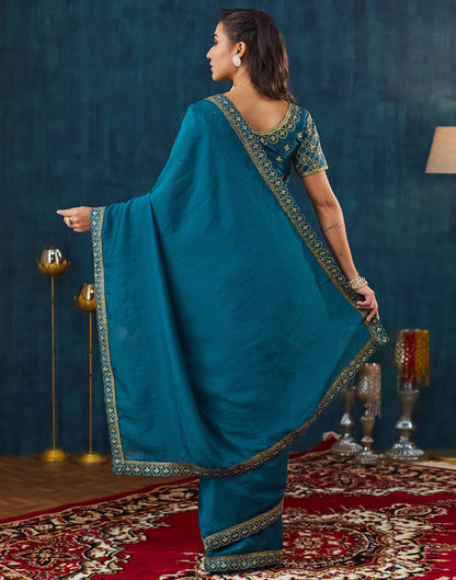 Rama Blue Vichitra Silk Embroidery Saree