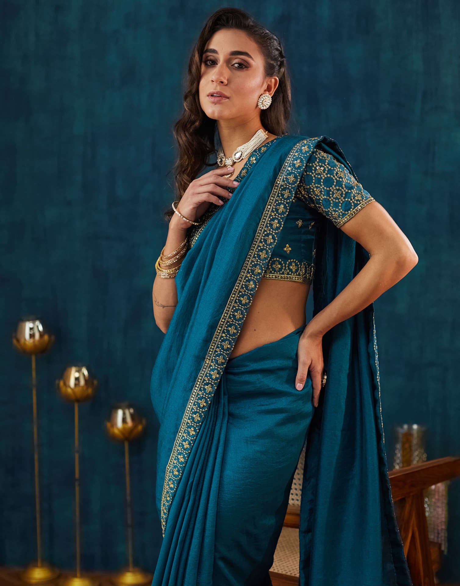 Rama Blue Vichitra Silk Embroidery Saree