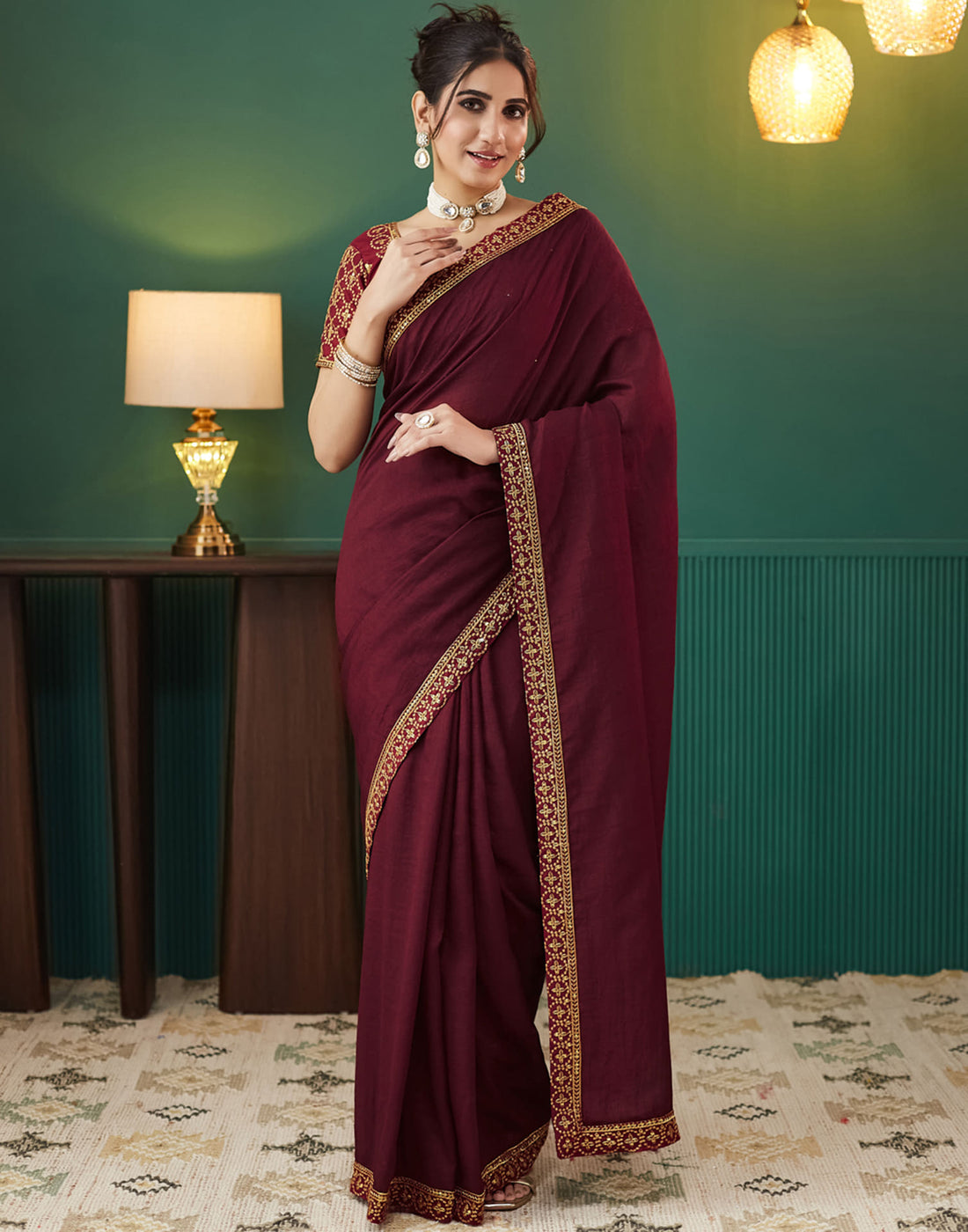 Maroon Vichitra Silk Embroidery Saree