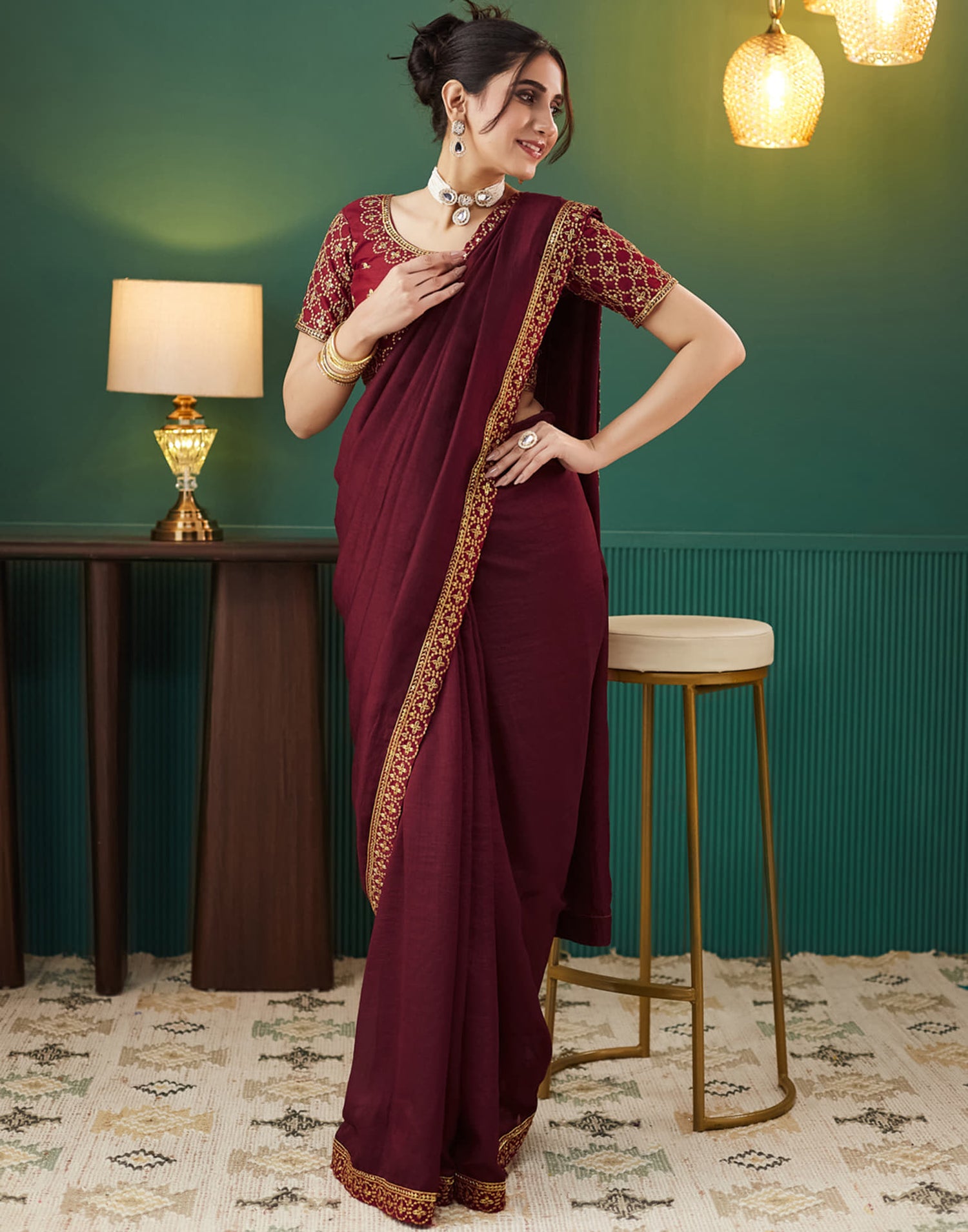 Maroon Vichitra Silk Embroidery Saree