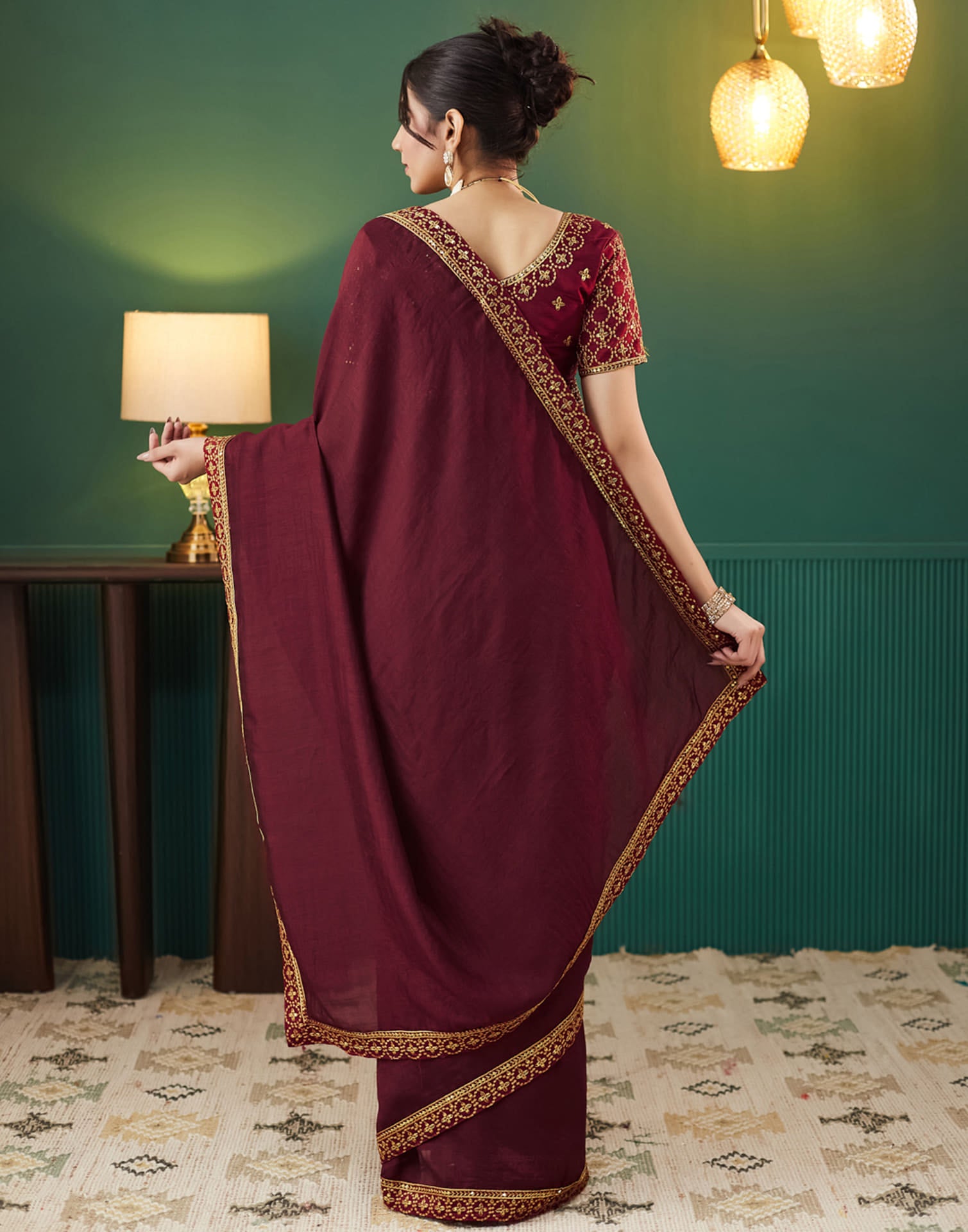 Maroon Vichitra Silk Embroidery Saree