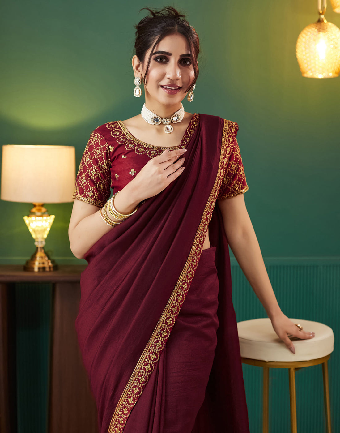 Maroon Vichitra Silk Embroidery Saree