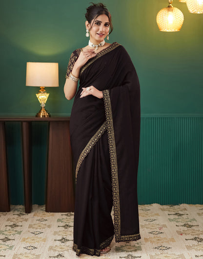 Dark Brown Vichitra Silk Embroidery Saree