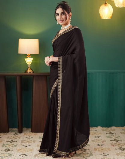 Dark Brown Vichitra Silk Embroidery Saree