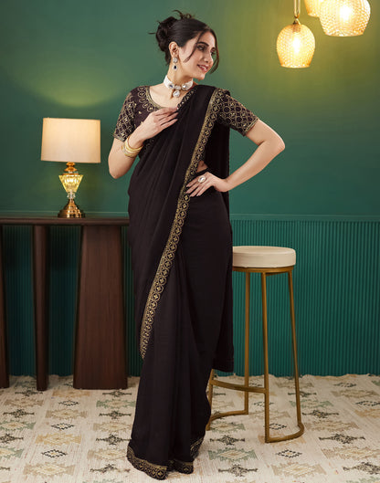 Dark Brown Vichitra Silk Embroidery Saree