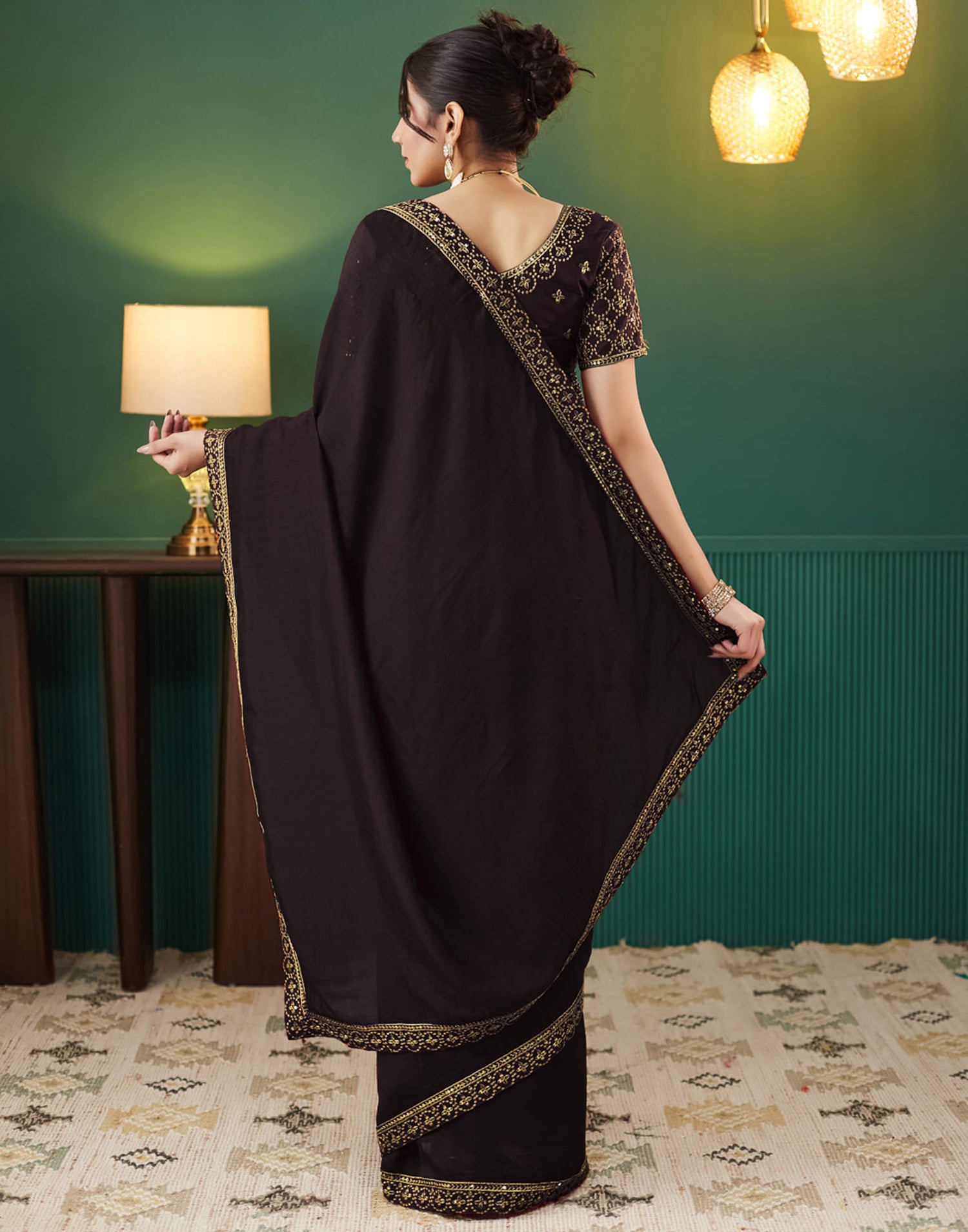 Dark Brown Vichitra Silk Embroidery Saree