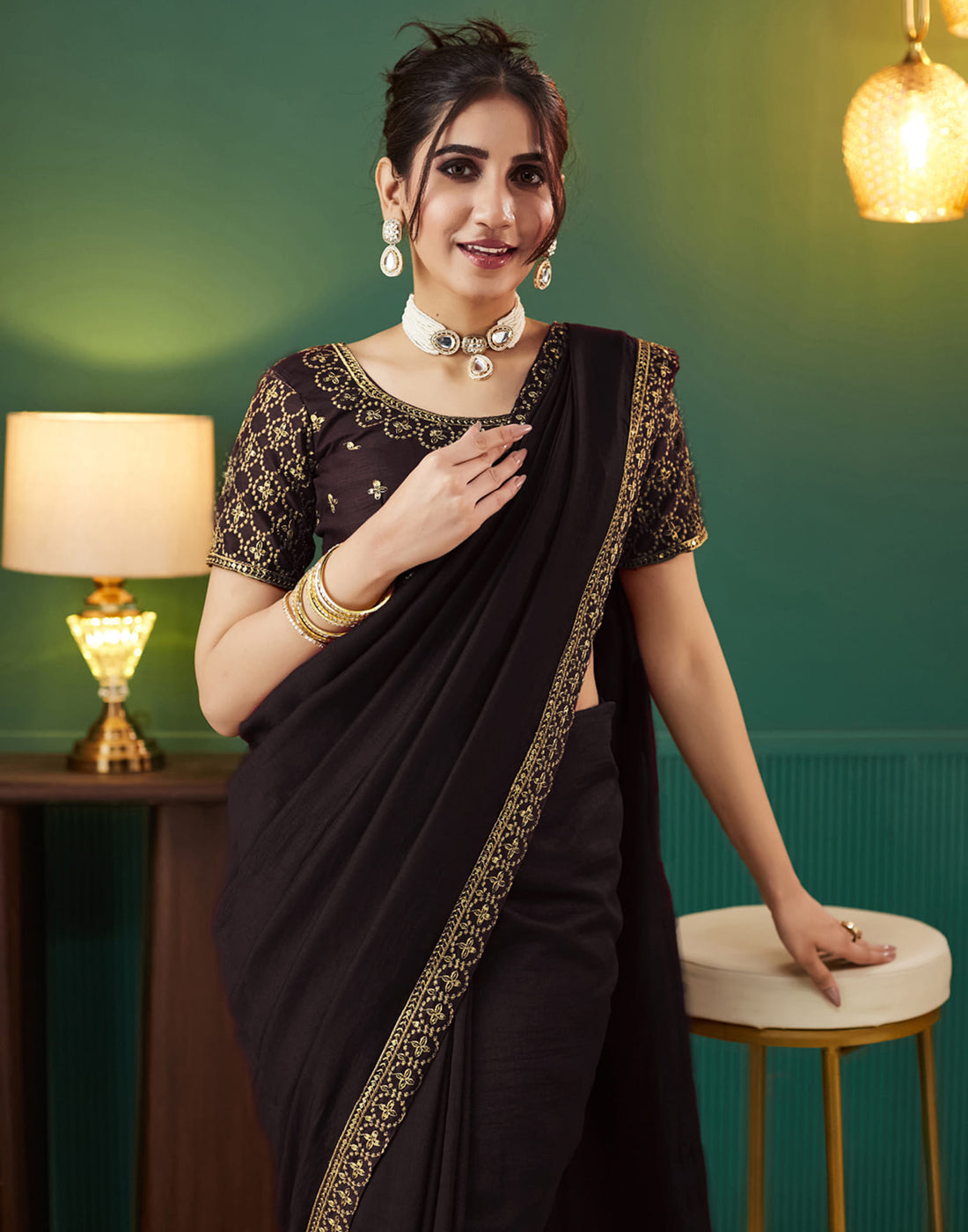 Dark Brown Vichitra Silk Embroidery Saree