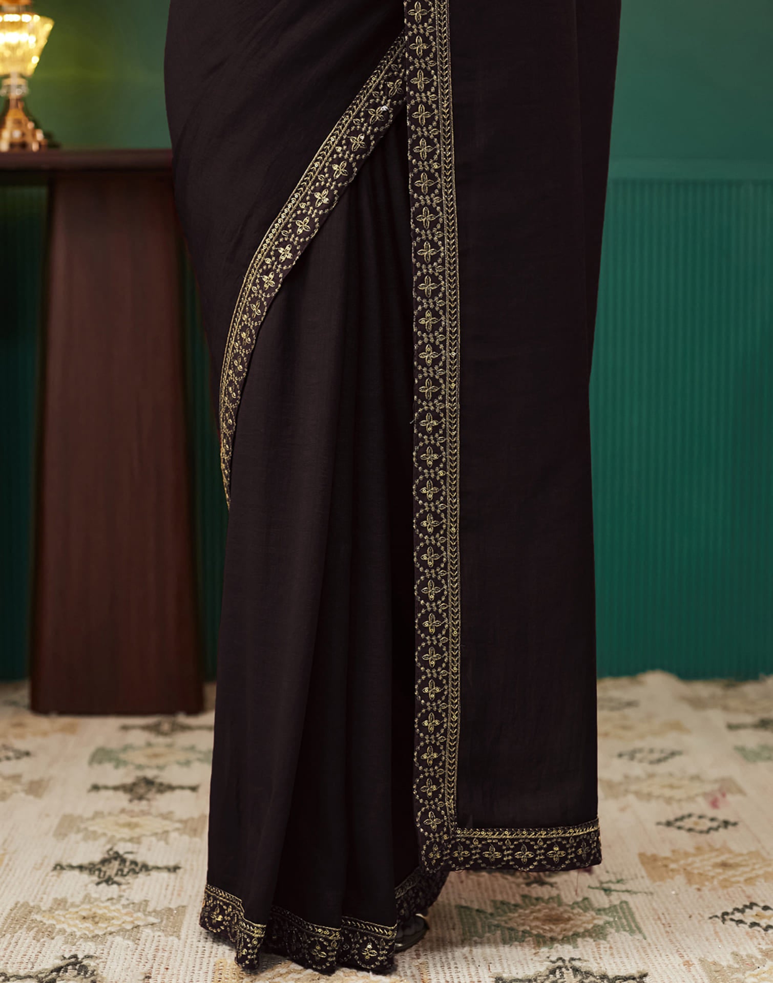 Dark Brown Vichitra Silk Embroidery Saree