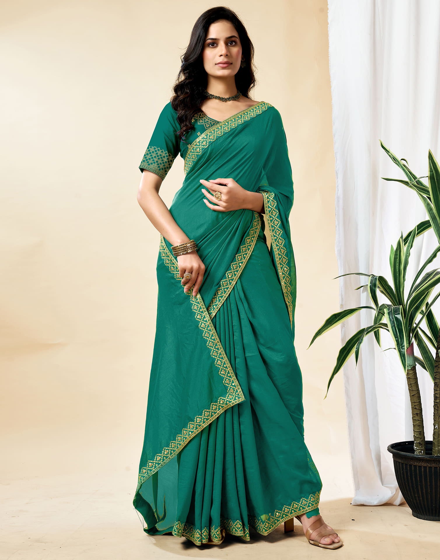 Teal Blue Vichitra Silk Embroidery Solid Saree