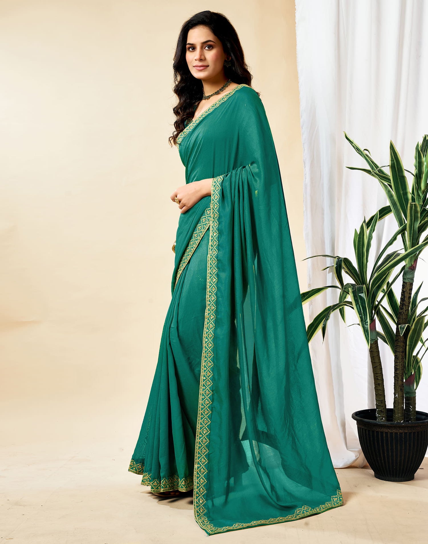 Teal Blue Vichitra Silk Embroidery Solid Saree