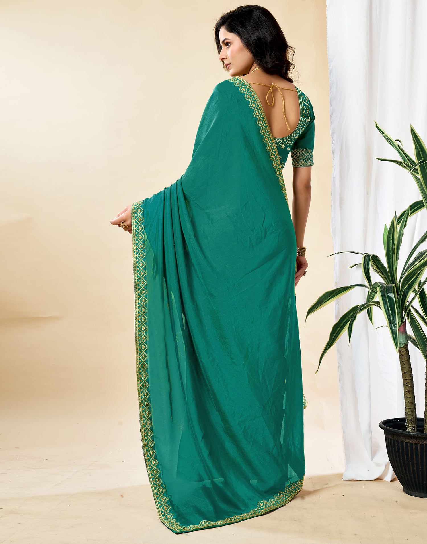 Teal Blue Vichitra Silk Embroidery Solid Saree