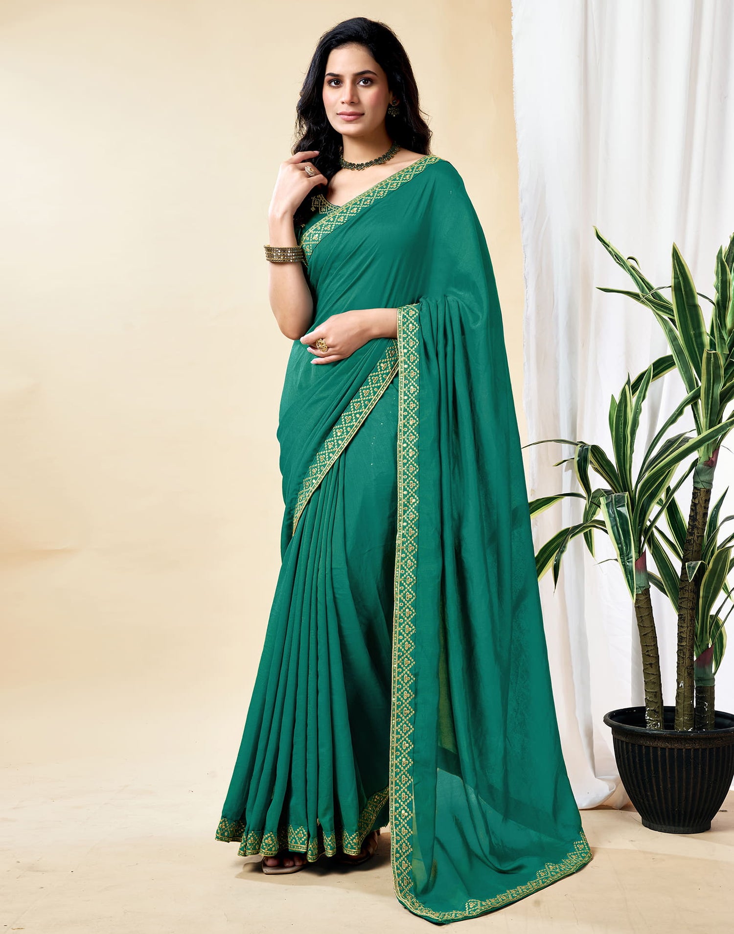 Teal Blue Vichitra Silk Embroidery Solid Saree