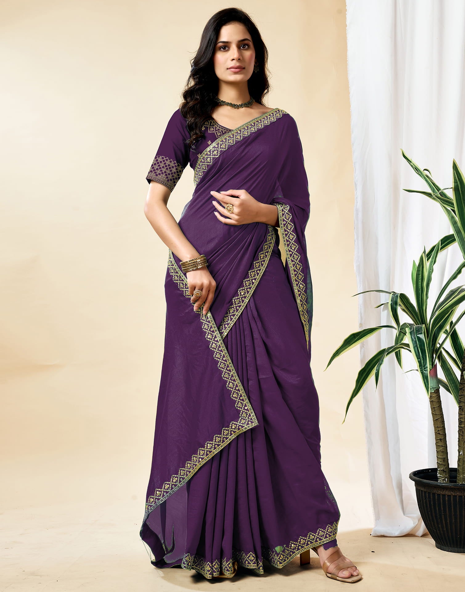 Wine Vichitra Silk Embroidery Solid Saree