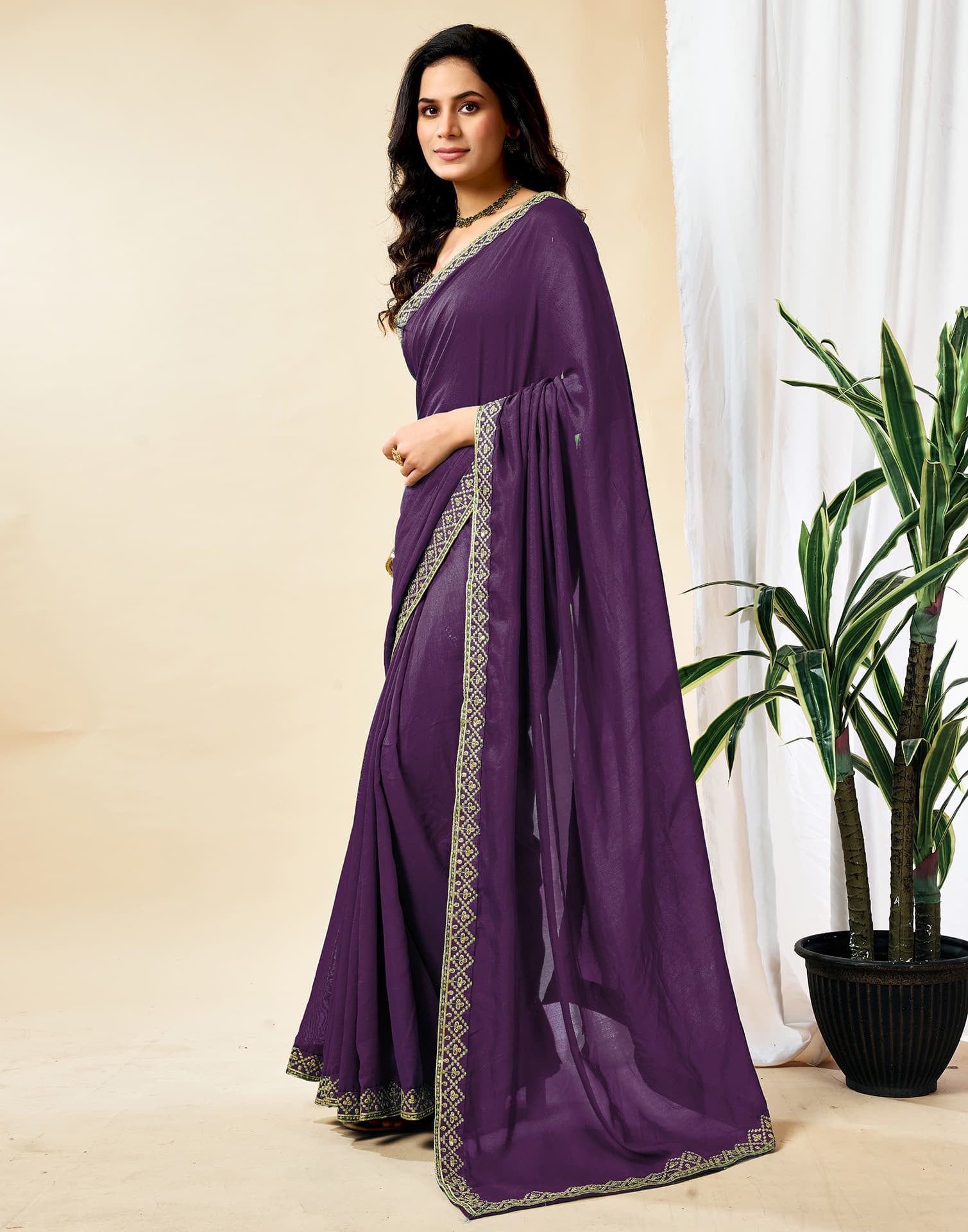 Wine Vichitra Silk Embroidery Solid Saree