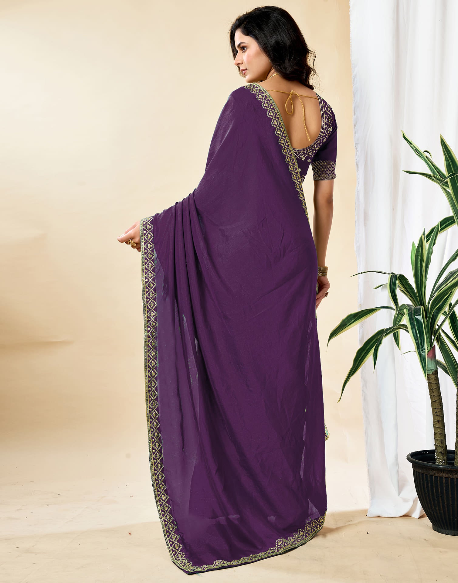 Wine Vichitra Silk Embroidery Solid Saree