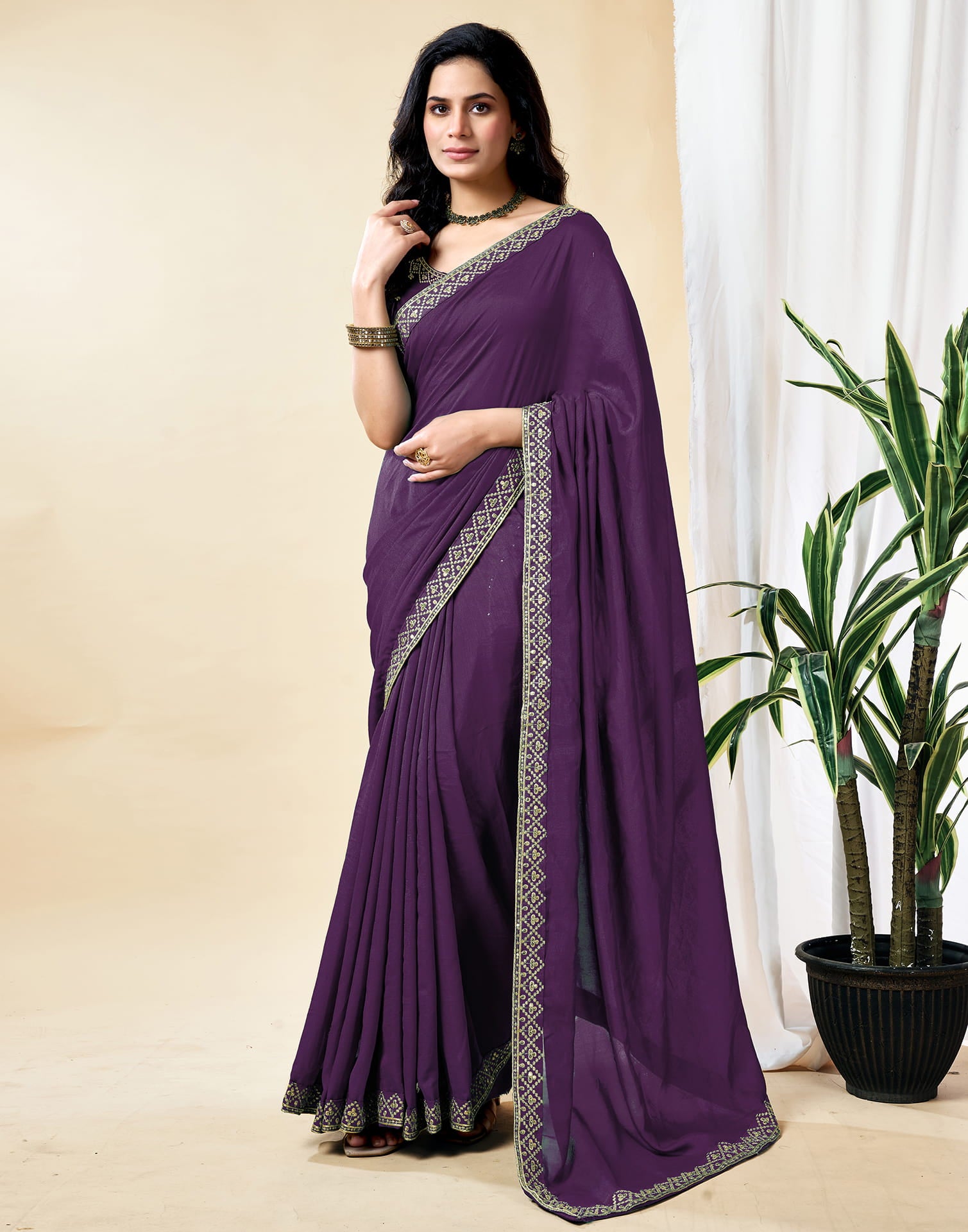 Wine Vichitra Silk Embroidery Solid Saree