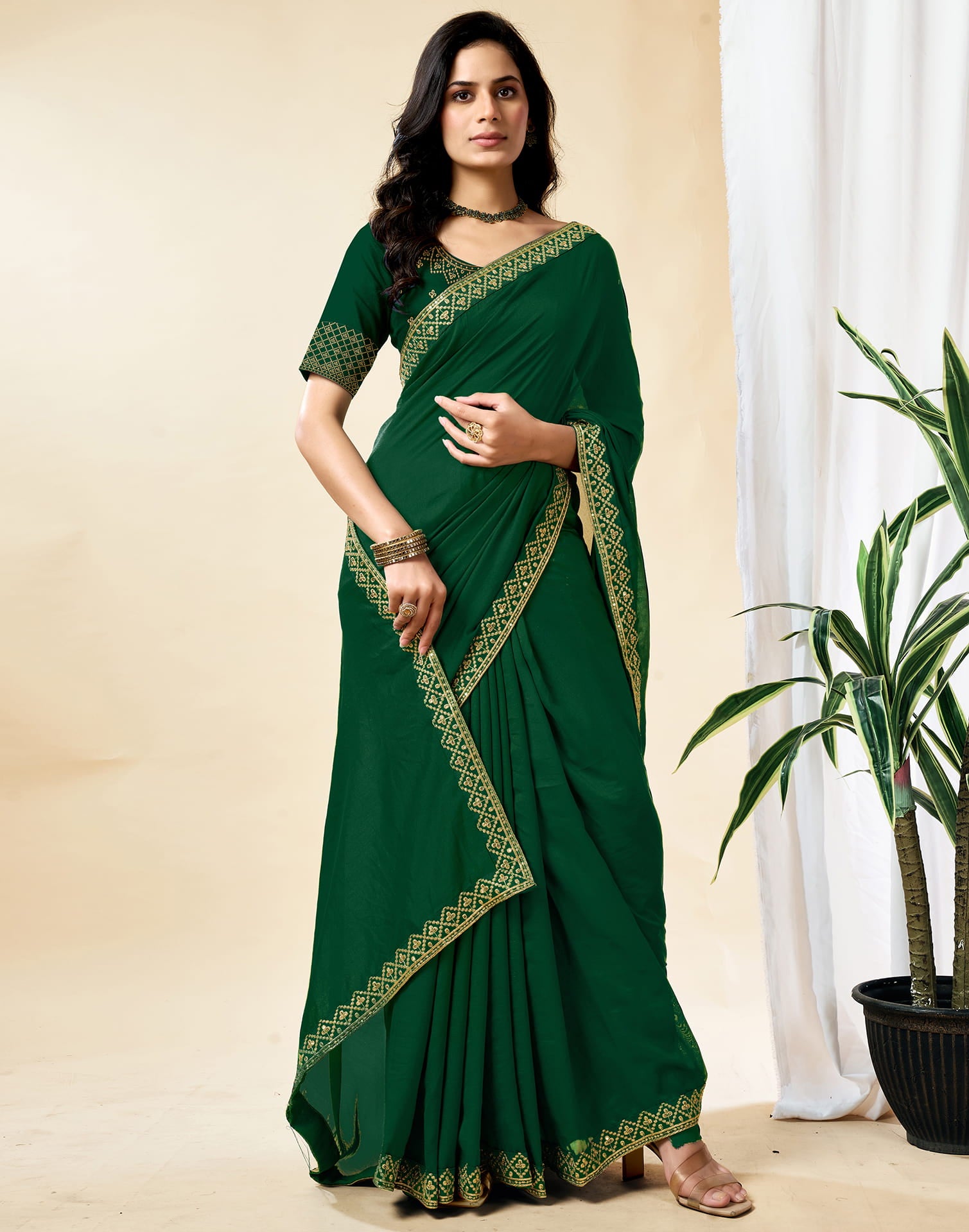 Dark Green Vichitra Silk Embroidery Solid Saree