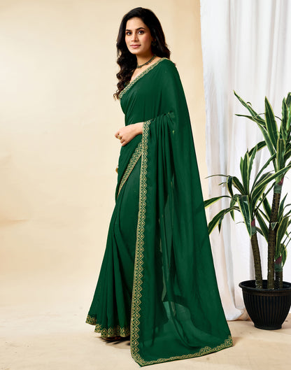 Dark Green Vichitra Silk Embroidery Solid Saree