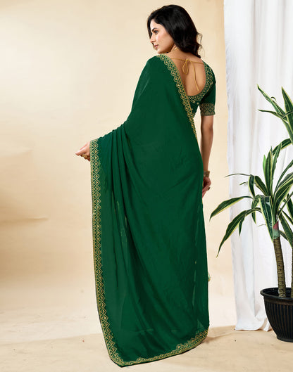 Dark Green Vichitra Silk Embroidery Solid Saree