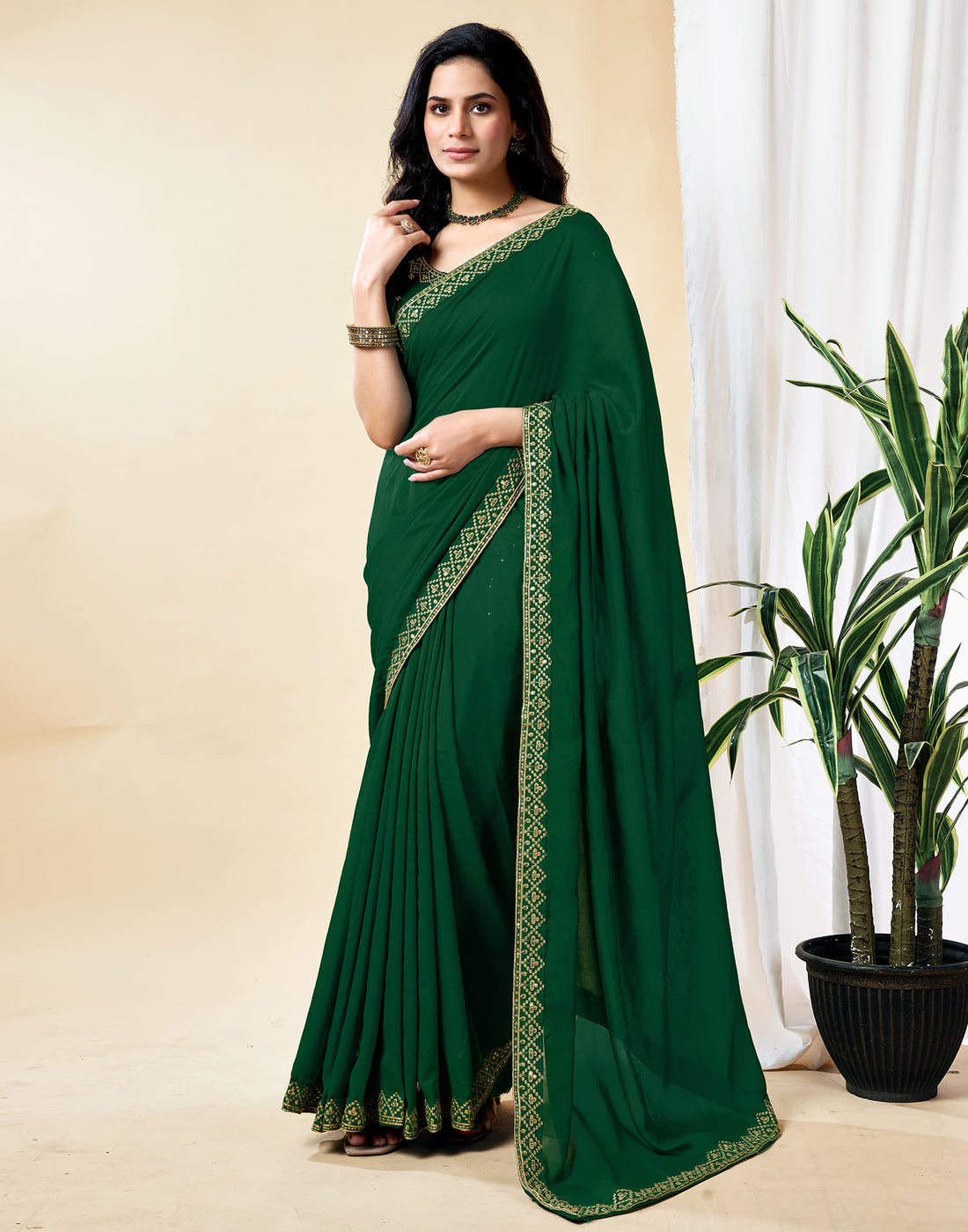 Dark Green Vichitra Silk Embroidery Solid Saree