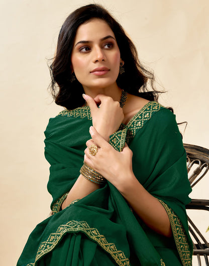 Dark Green Vichitra Silk Embroidery Solid Saree