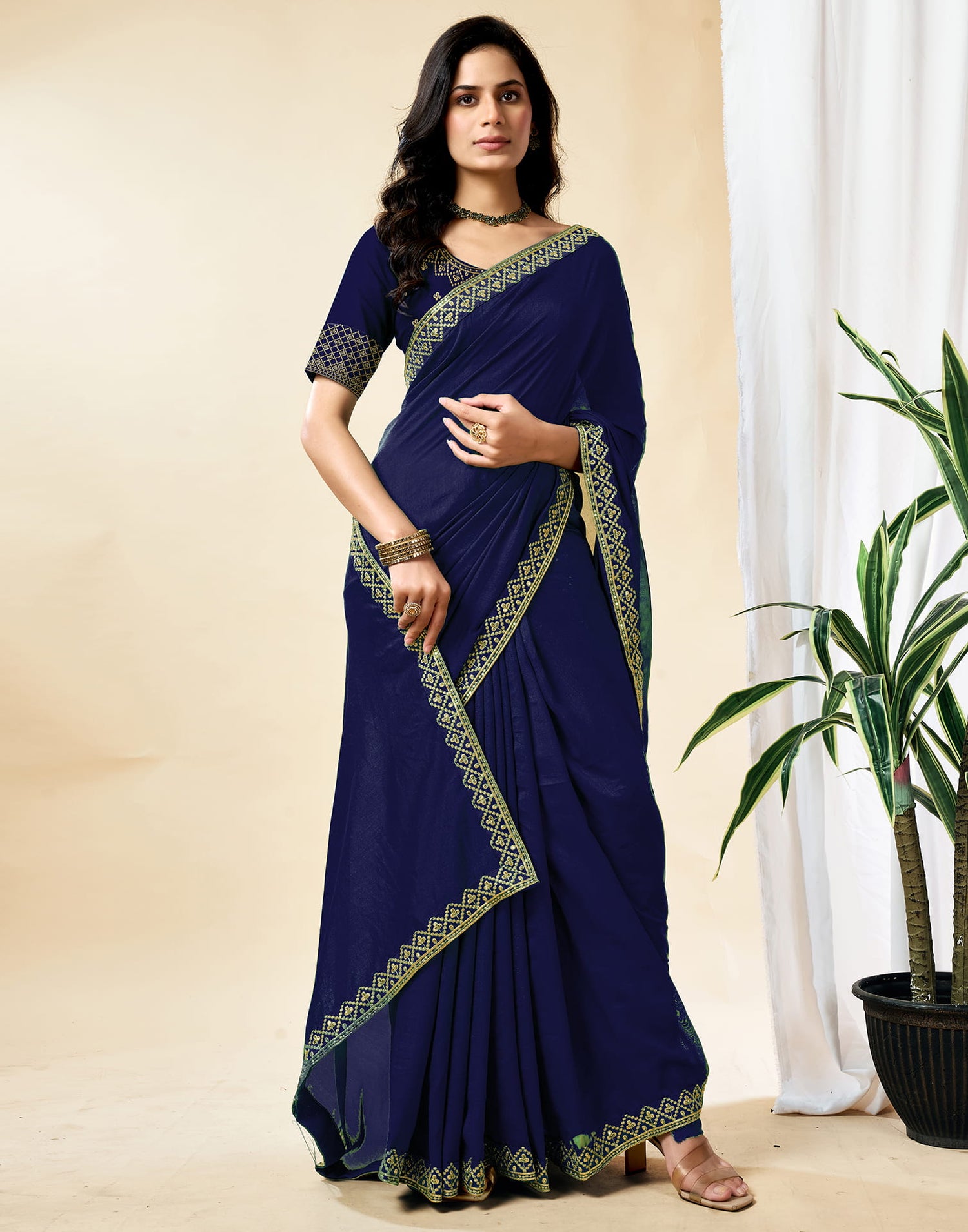 Navy Blue Vichitra Silk Embroidery Solid Saree