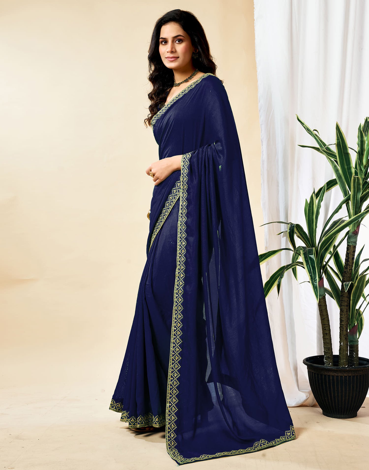 Navy Blue Vichitra Silk Embroidery Solid Saree