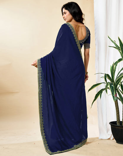 Navy Blue Vichitra Silk Embroidery Solid Saree