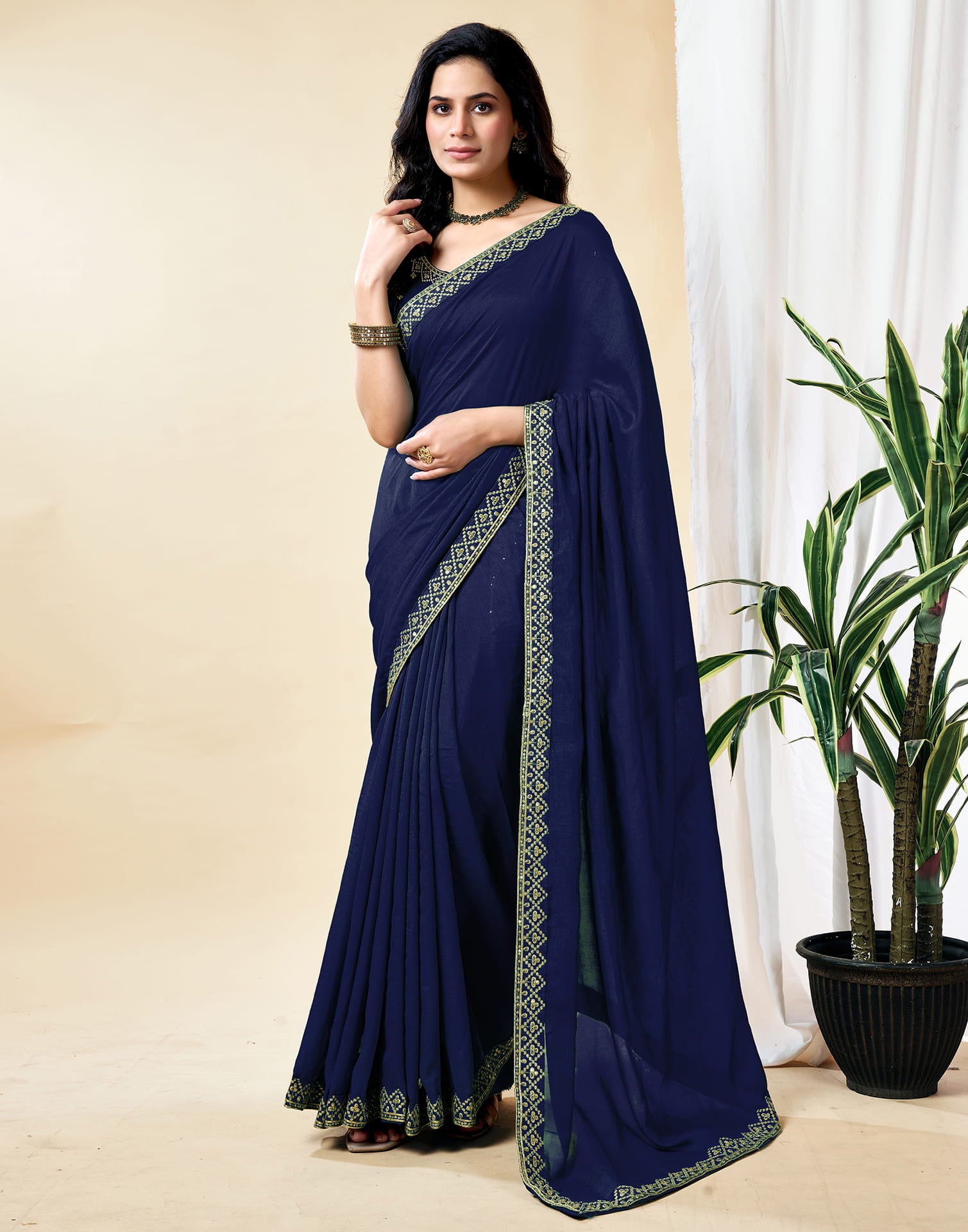 Navy Blue Vichitra Silk Embroidery Solid Saree