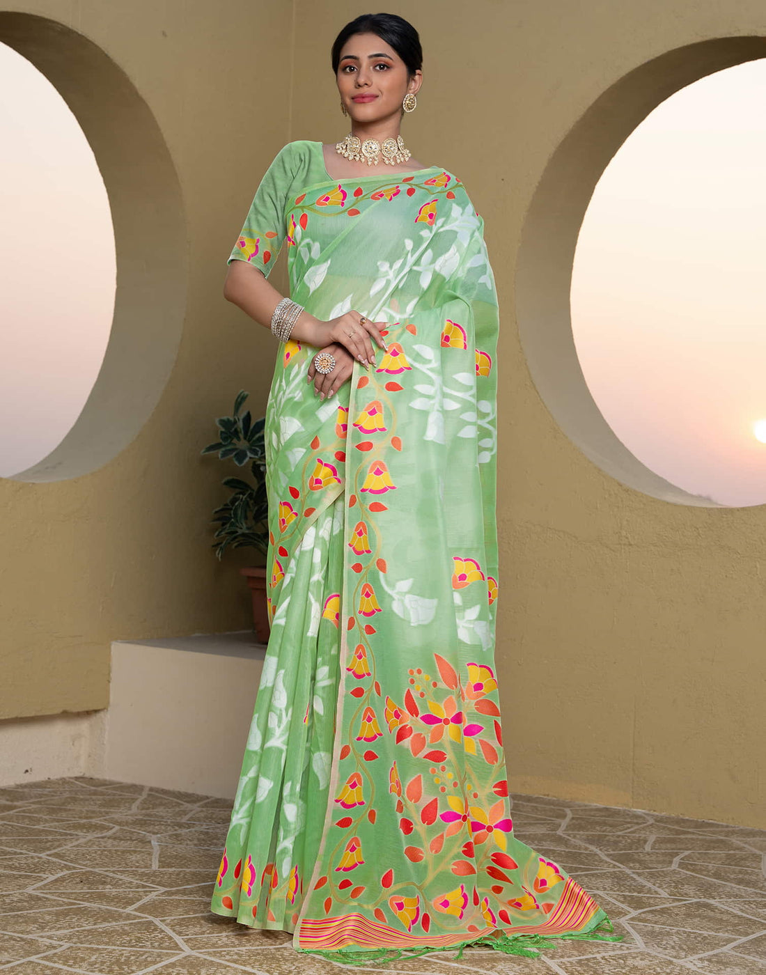 Light Green Cotton Weaving Jamdani Saree