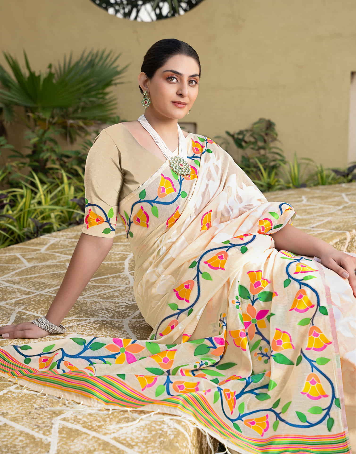 Cream Cotton Weaving Jamdani Saree