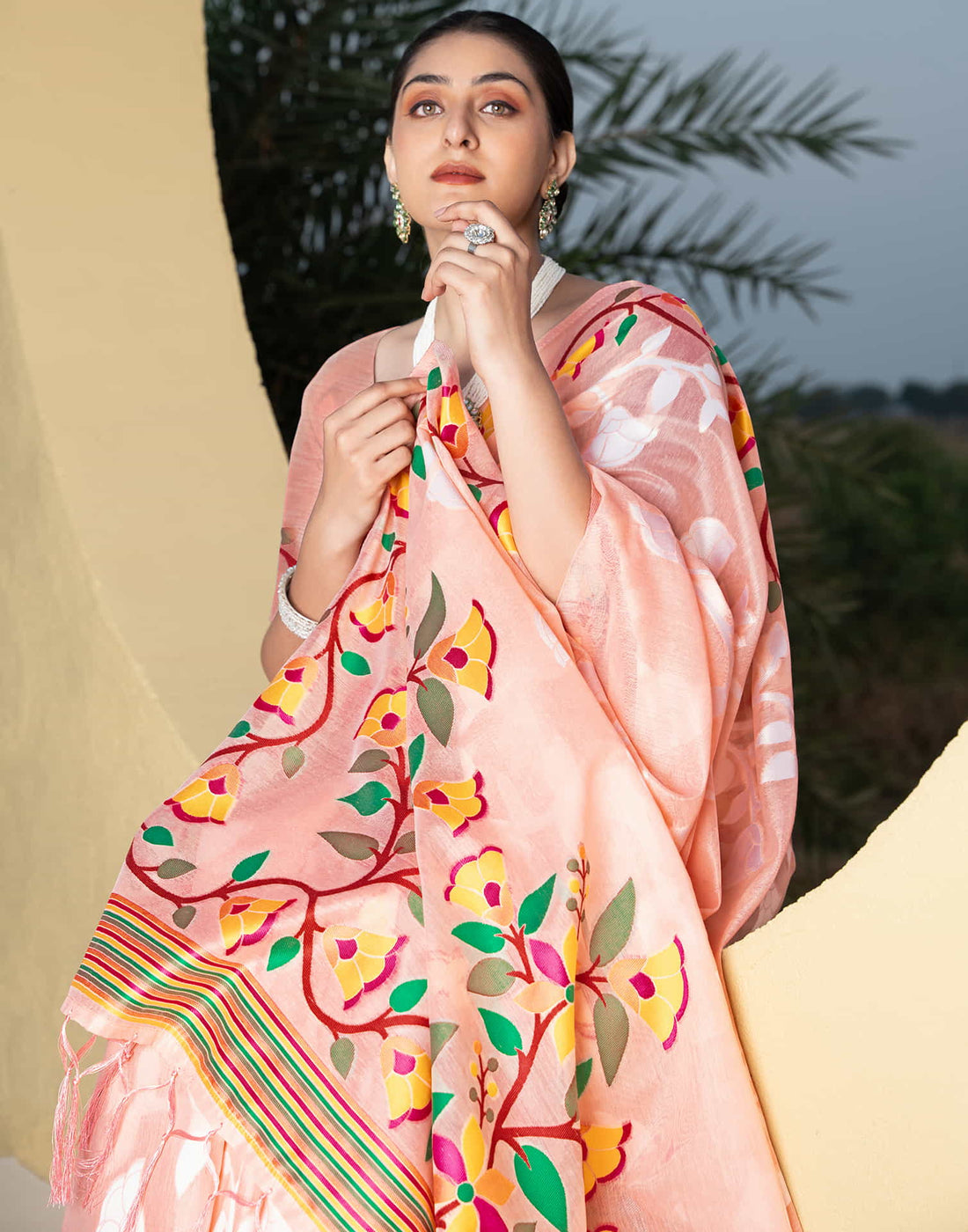 Light Peach Cotton Weaving Jamdani Saree