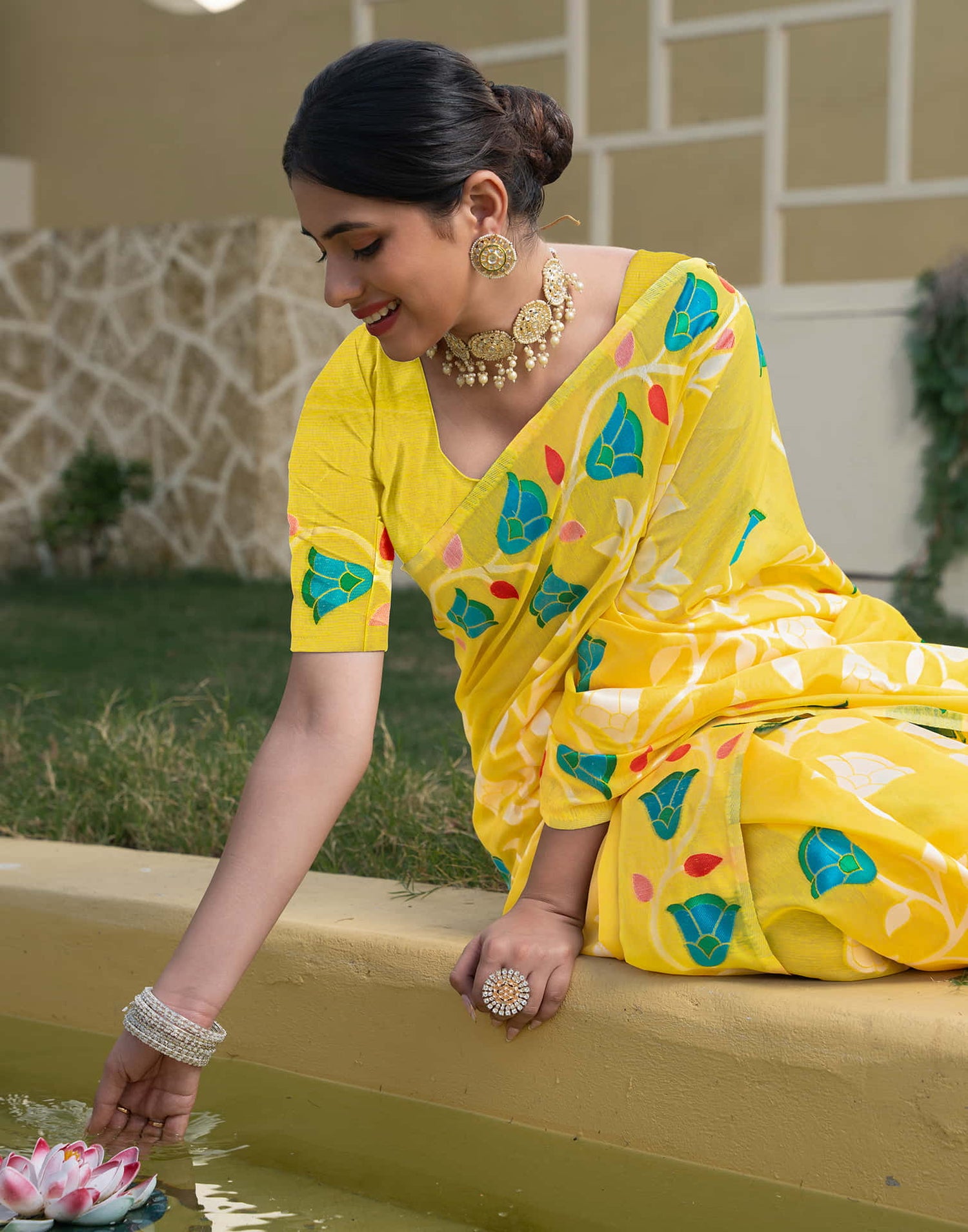 Yellow Cotton Weaving Jamdani Saree