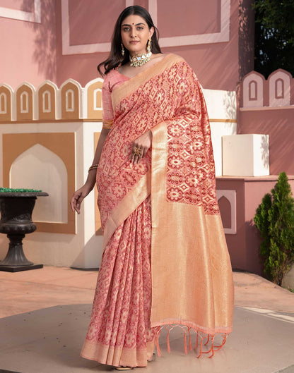 Peach Cotton Weaving Ikkat Saree