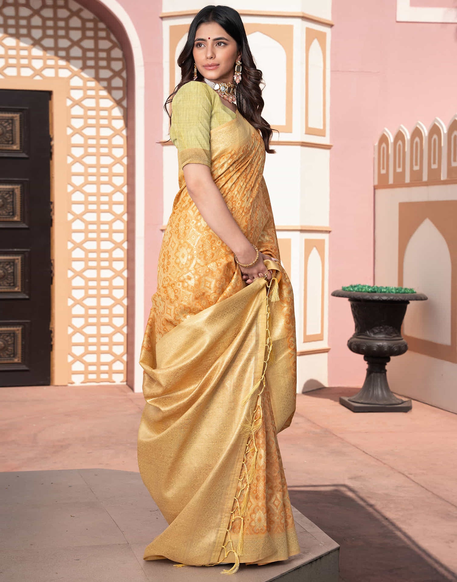 Yellow Cotton Weaving Ikkat Saree