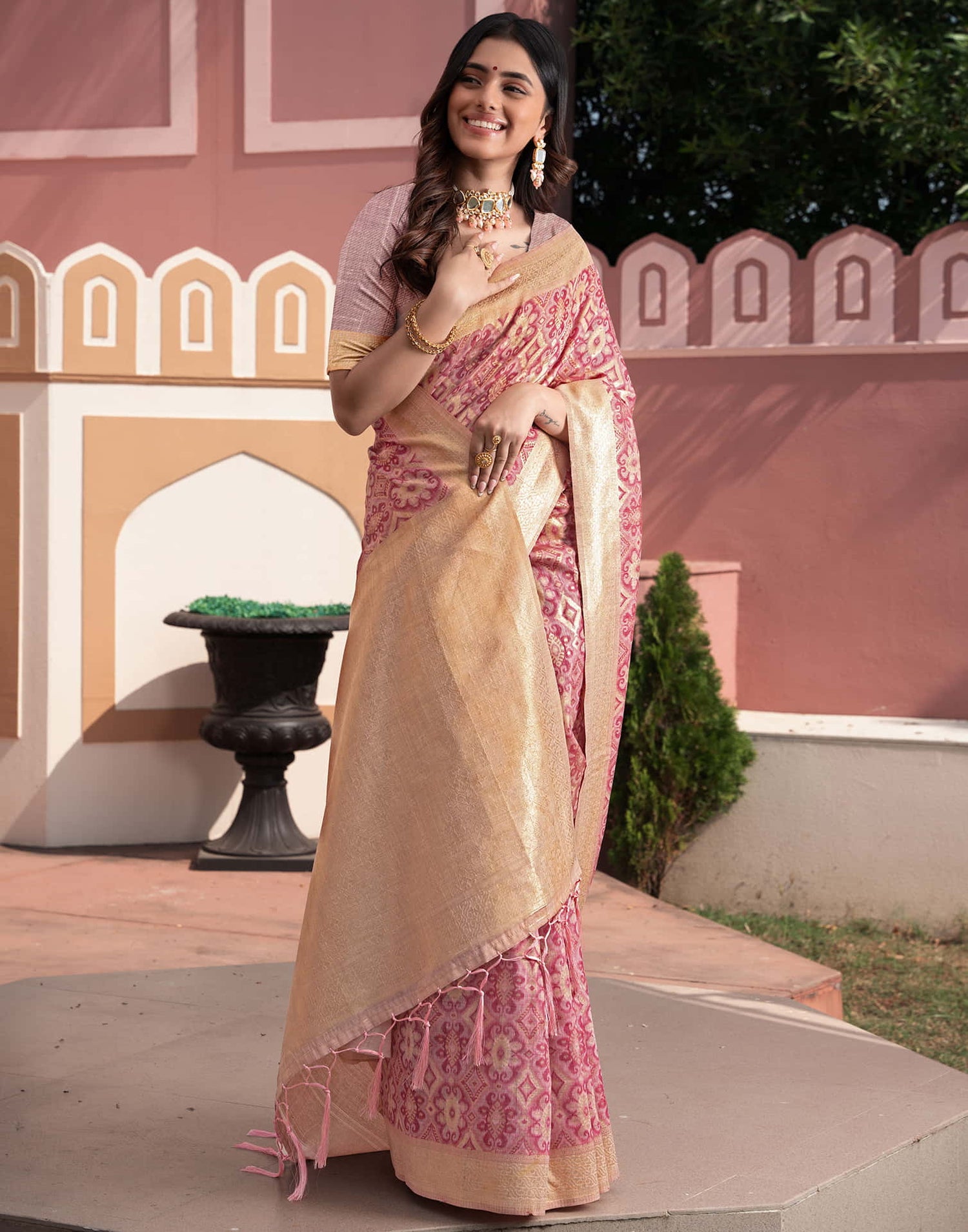 Pink Cotton Weaving Ikkat Saree