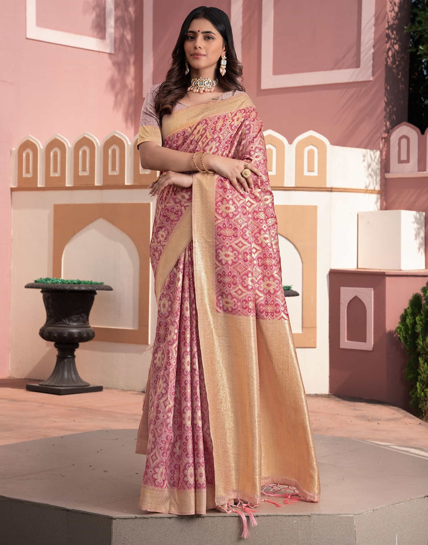 Pink Cotton Weaving Ikkat Saree