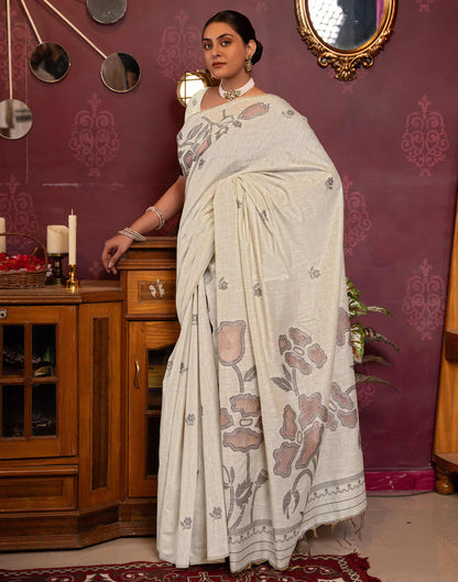 Beige Cotton Weaving Jamdani Saree