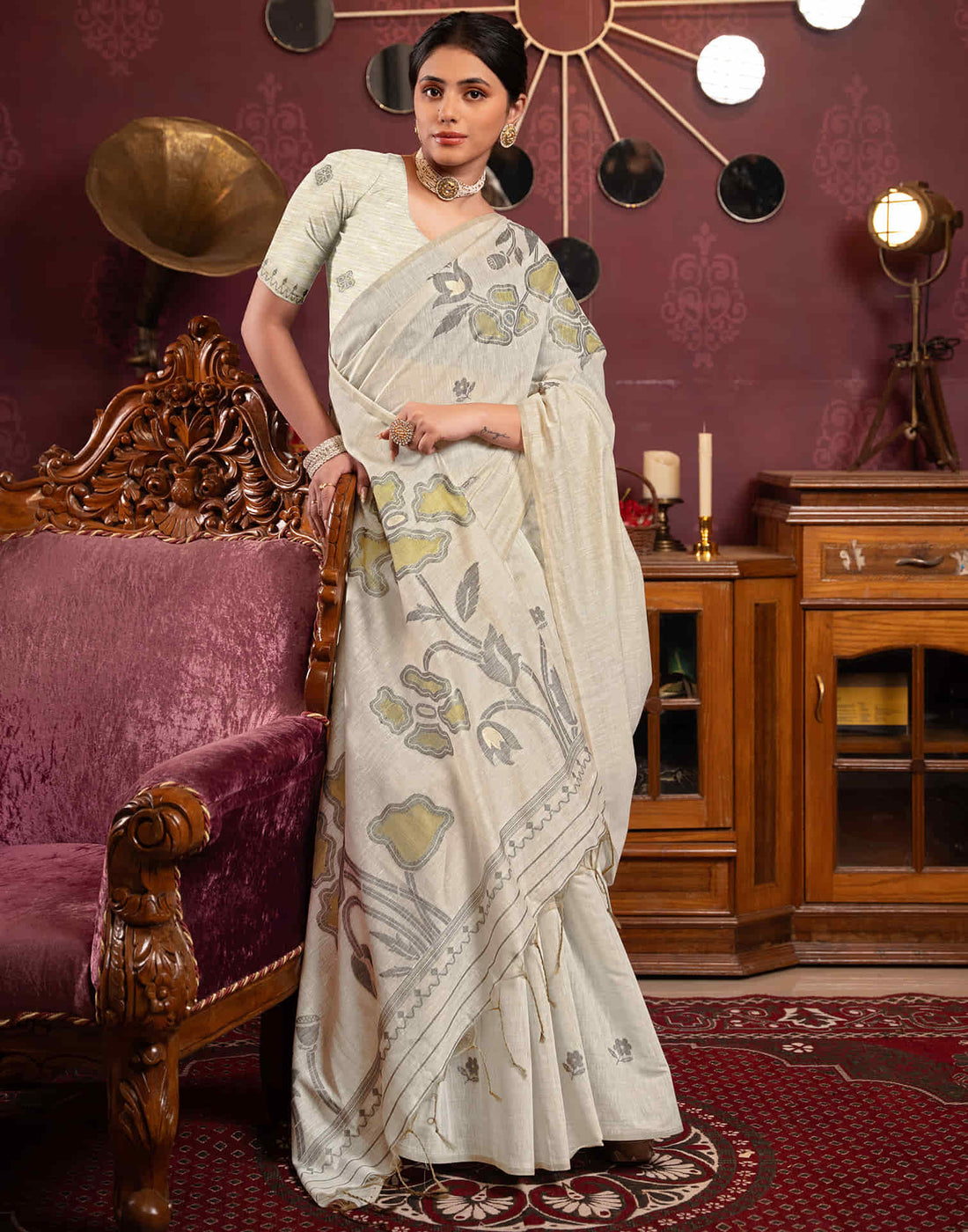 Beige Cotton Weaving Jamdani Saree